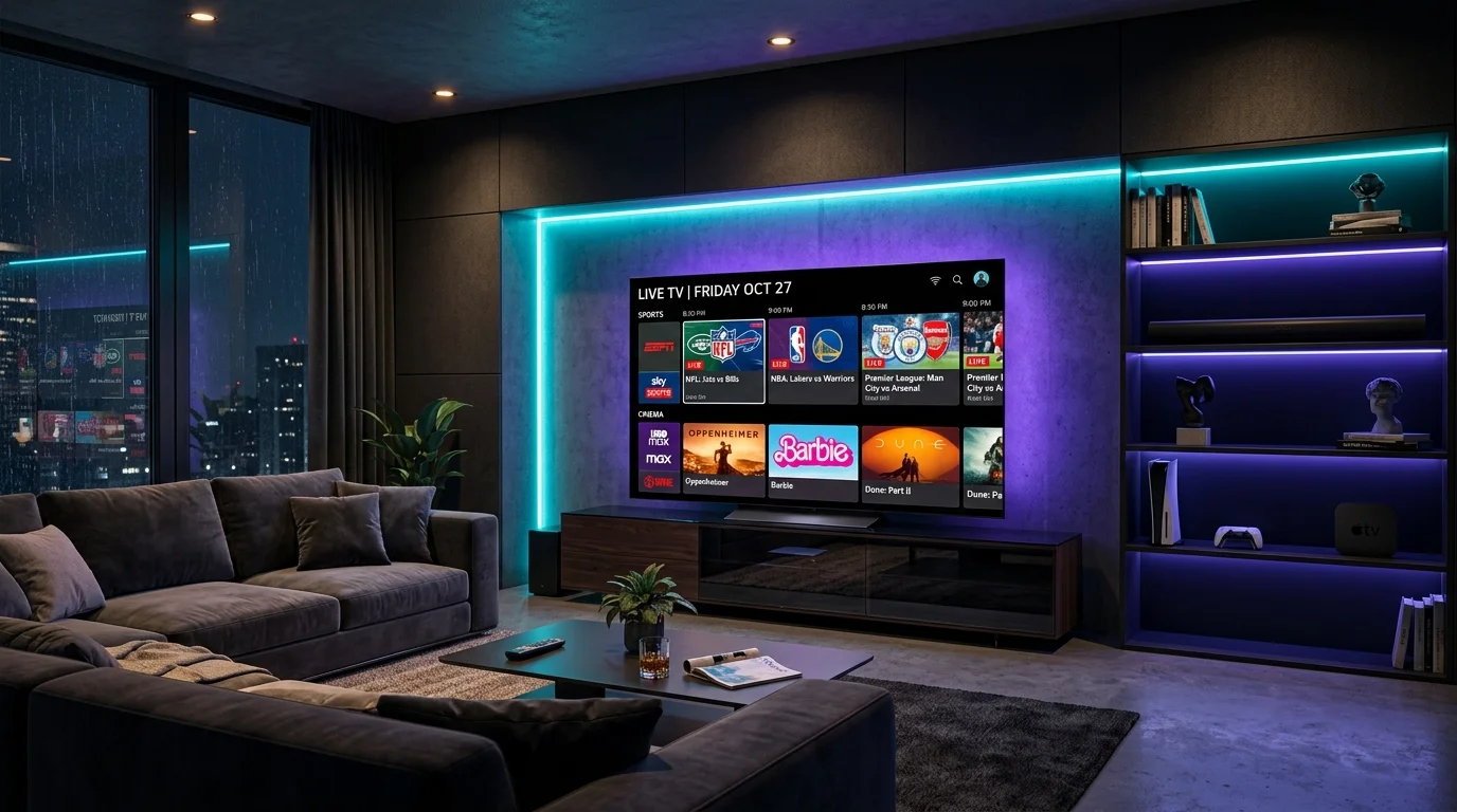 IPTV Free Trial live sports and EPG guide on a modern 4K OLED Smart TV