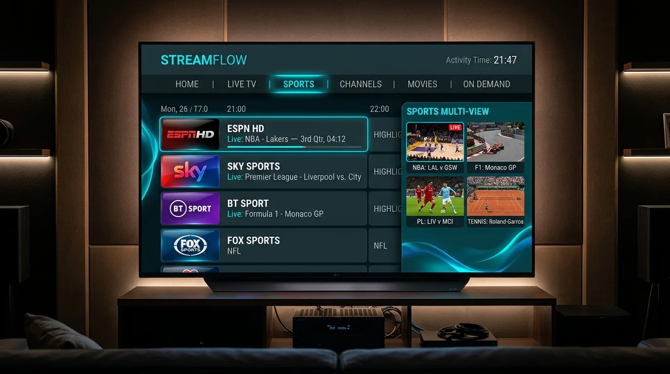 TiviMate Premium electronic program guide and multi-view sports tiles on a modern TV screen